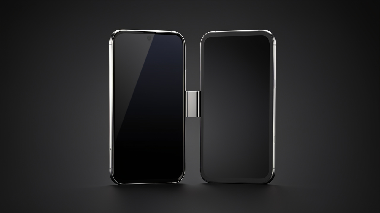 Smartphone pliable haut de gamme présenté fermé et ouvert, avec un écran OLED lisse, une charnière métallique fine et un rendu technique réaliste sur fond sombre.