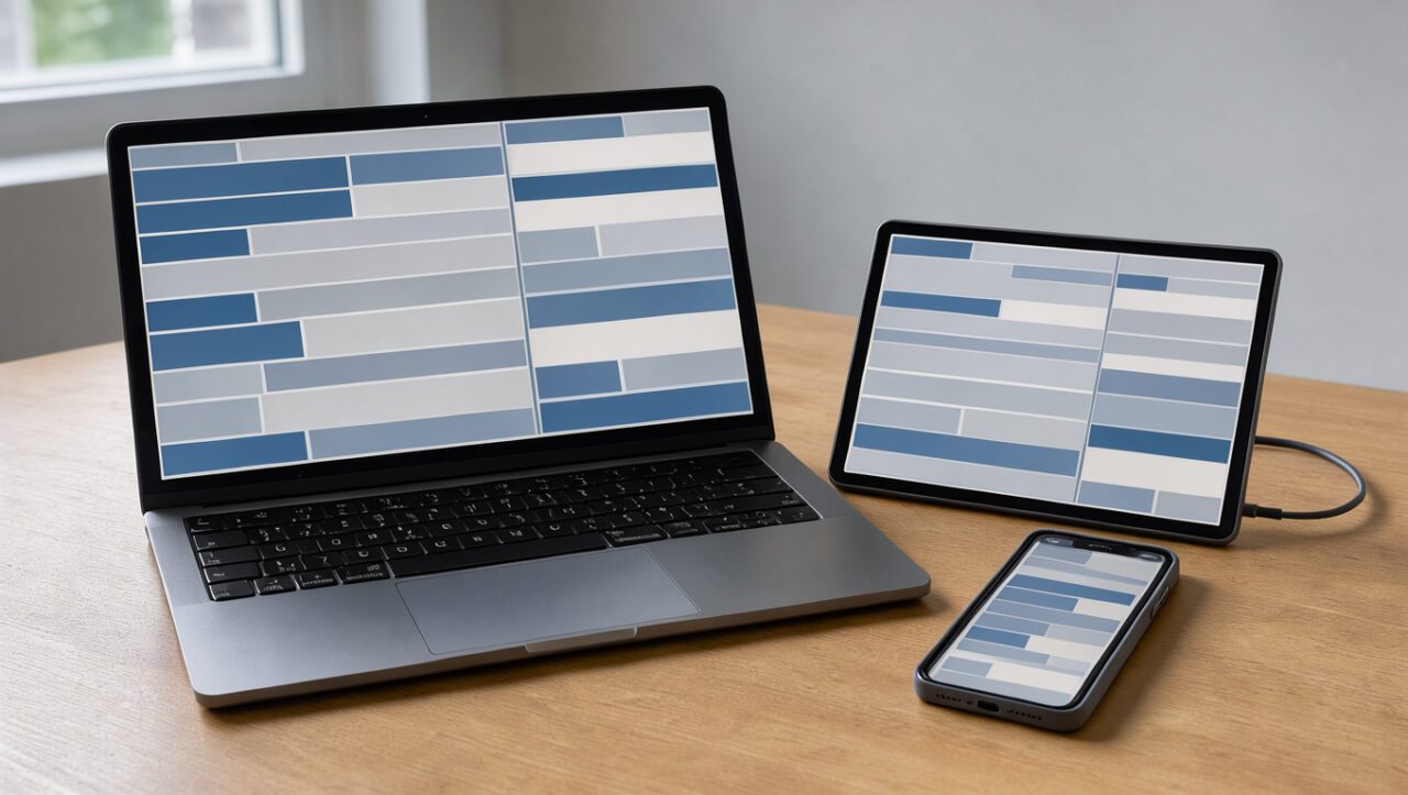 Bureau moderne et épuré avec un ordinateur portable, une tablette et un smartphone affichant des interfaces abstraites coordonnées, dans une ambiance technologique sobre.