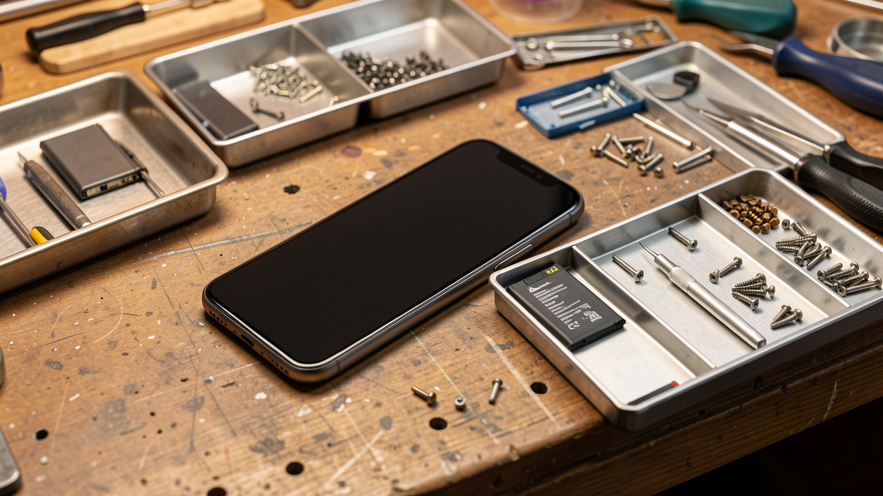 Smartphone ouvert sur un établi de réparation, avec sa batterie, son écran détaché et de petites vis soigneusement classés.