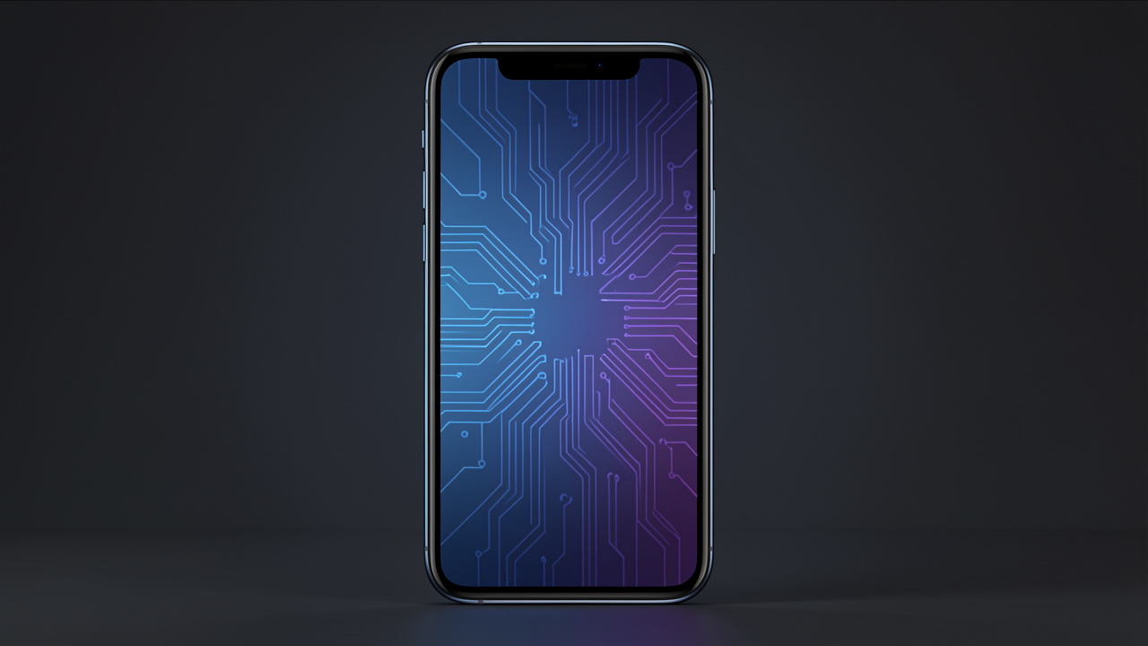 Smartphone haut de gamme vu de face, avec un écran OLED lumineux affichant des circuits électroniques abstraits, sur un fond sombre dans une ambiance de laboratoire technologique.
